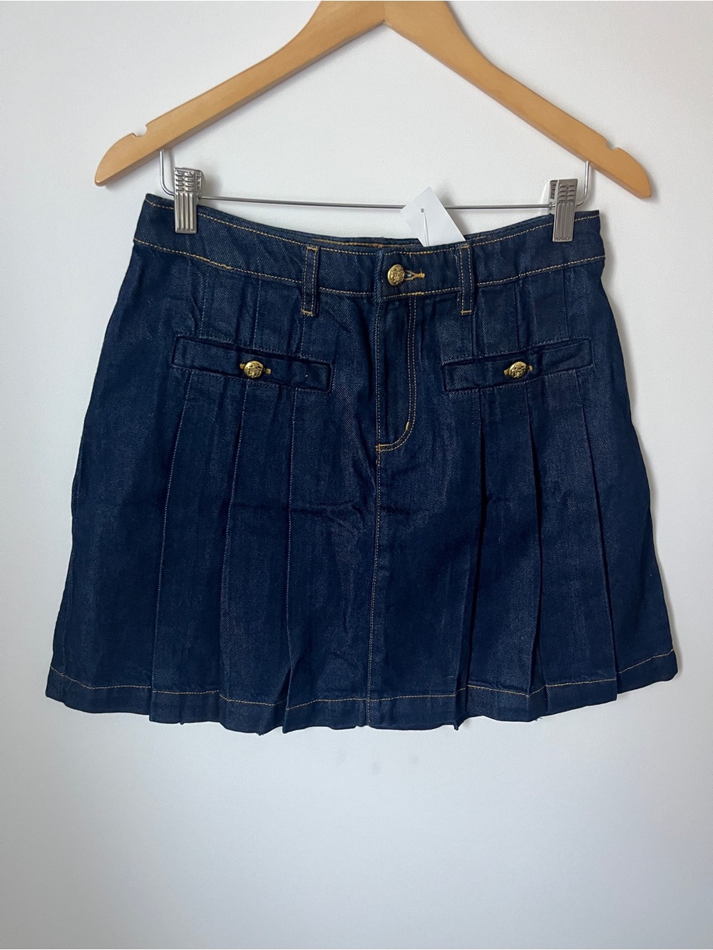 NWT Ann Taylor LOFT Dark Indigo Denim Pleated Skirt with Gold Stitching 2